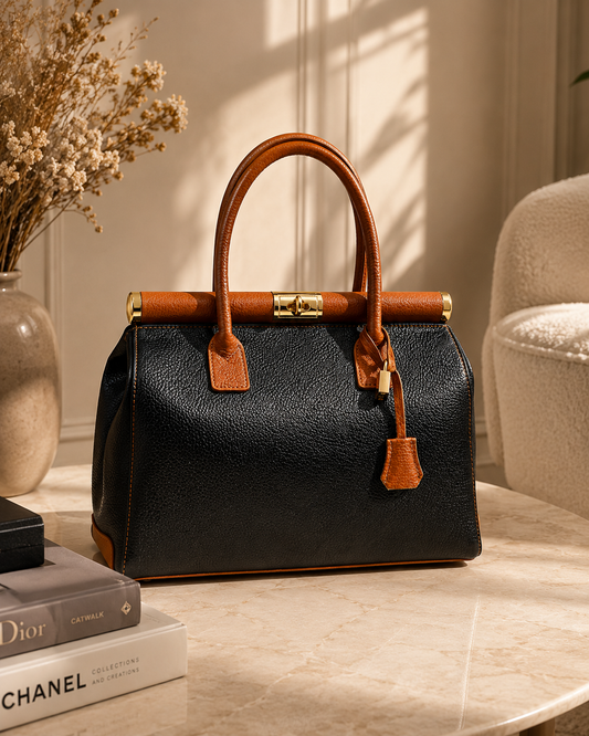 NORA Italian Leather Handbag – Cream & Dark Brown