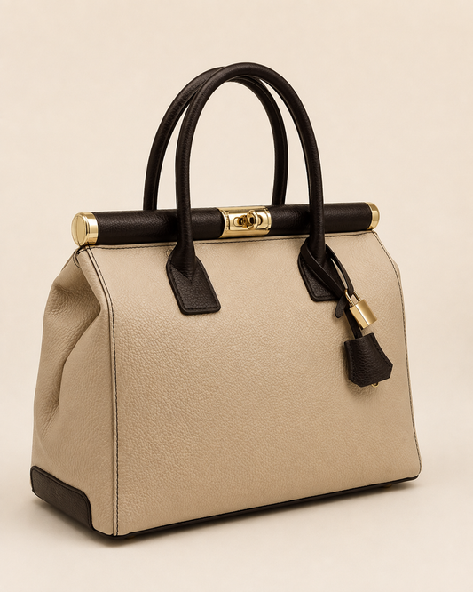 NORA Italian Leather Handbag – Cream & Dark Brown