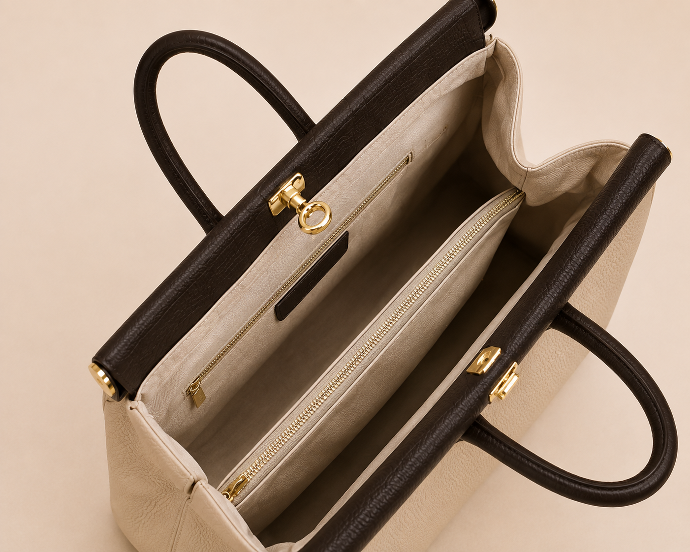 NORA Italian Leather Handbag – Cream & Dark Brown