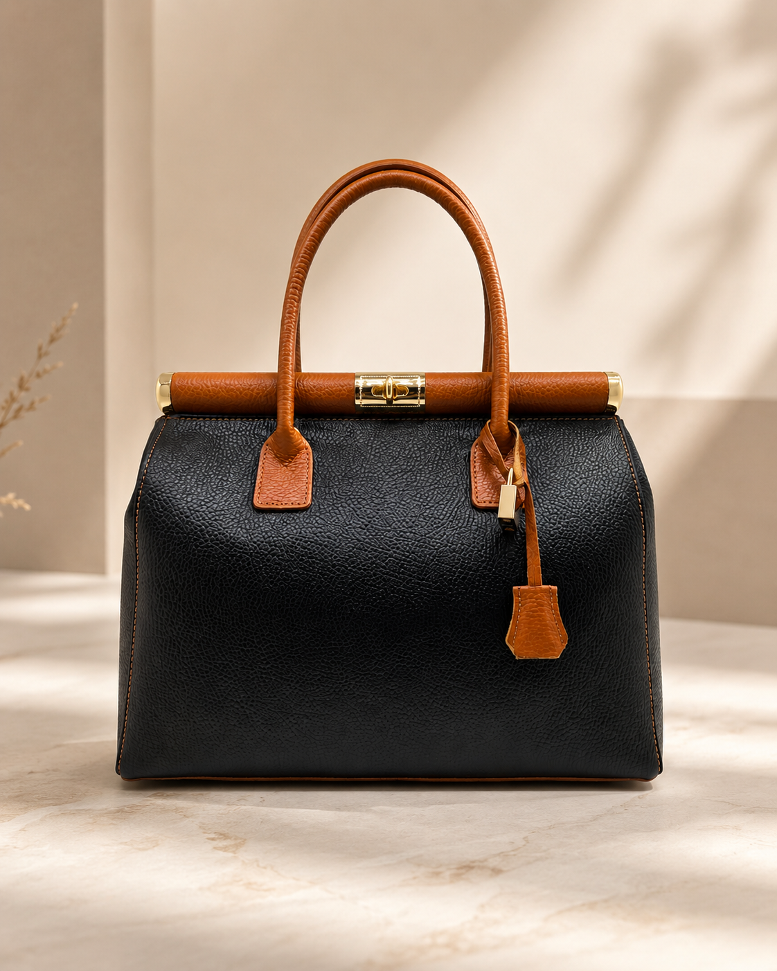 NORA Italian Leather Handbag – Cream & Dark Brown