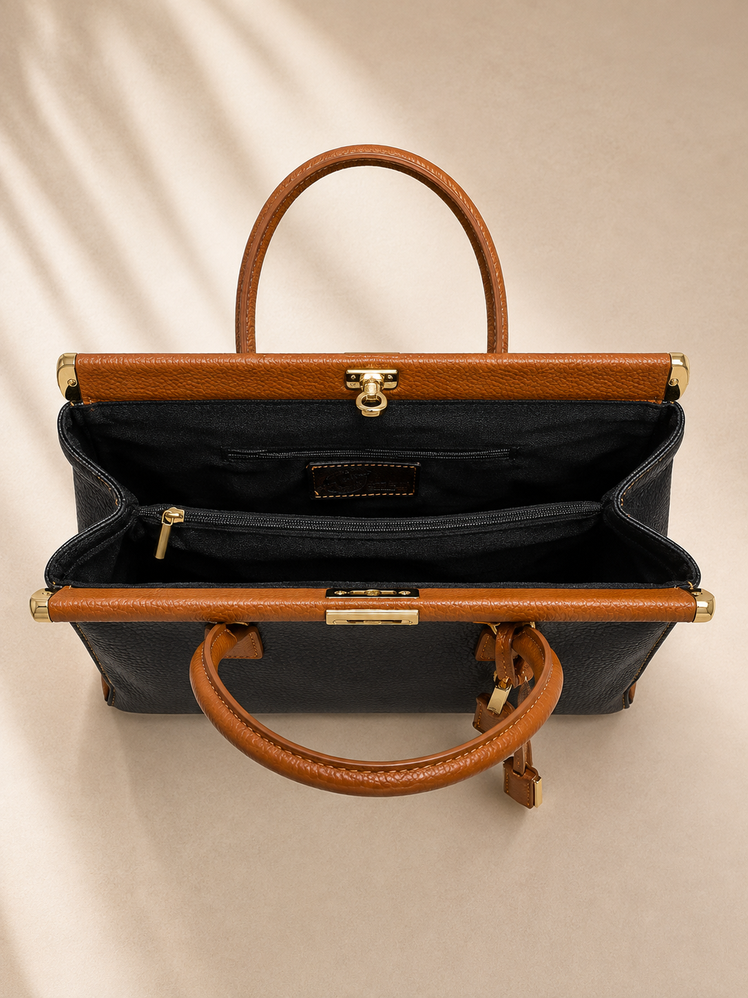 NORA Italian Leather Handbag – Cream & Dark Brown