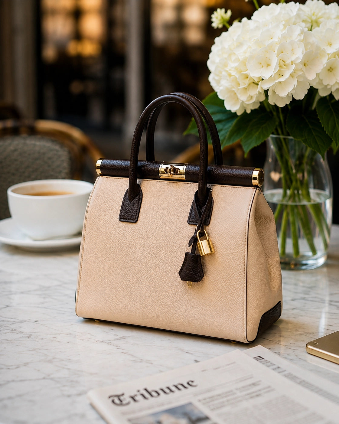 NORA Italian Leather Handbag – Cream & Dark Brown