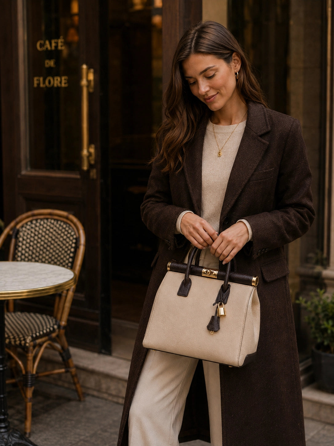 NORA Italian Leather Handbag – Cream & Dark Brown
