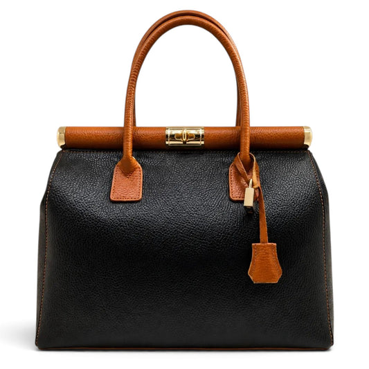 NORA Italian Leather Handbag – Cream & Dark Brown